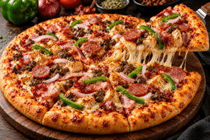 A hearty combination of green pepper, onion, sausage, ham, bacon, chicken and beef with melted cheese.