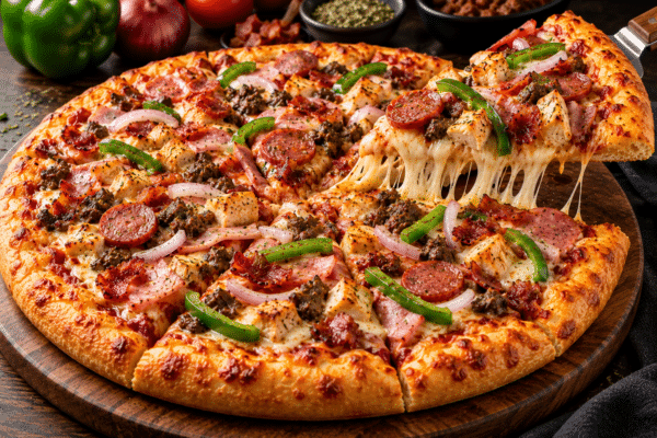 A hearty combination of green pepper, onion, sausage, ham, bacon, chicken and beef with melted cheese.