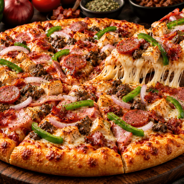 A hearty combination of green pepper, onion, sausage, ham, bacon, chicken and beef with melted cheese.