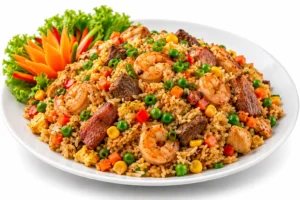 Beef, Chicken Shrimps ( Stir fried noodles mixed with vegetables and assorted proteins.