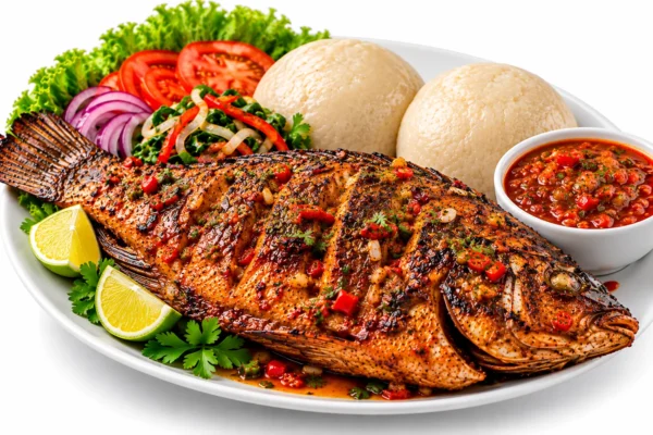 Spicy smoky grilled tillapia with a side of choice.