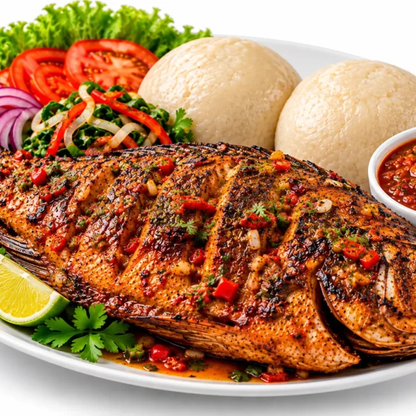 Spicy smoky grilled tillapia with a side of choice.