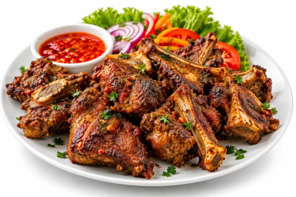 spicy-goat-chops-web-optimized Succulent Goat Meat in cubes with peri peri sauce.