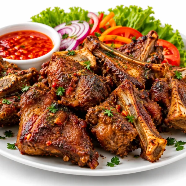 Succulent Goat Meat in cubes with peri peri sauce.